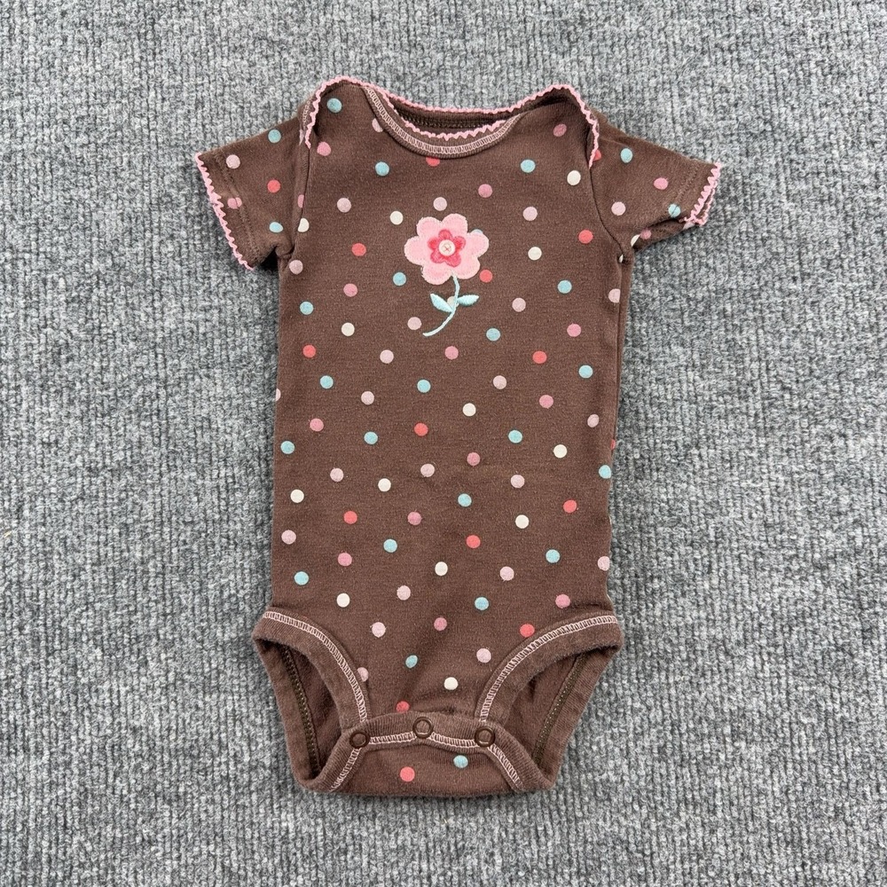 Just One Year Romper Girls 0-3 Months Brown Polka Dot Flower One Piece Bodysuit